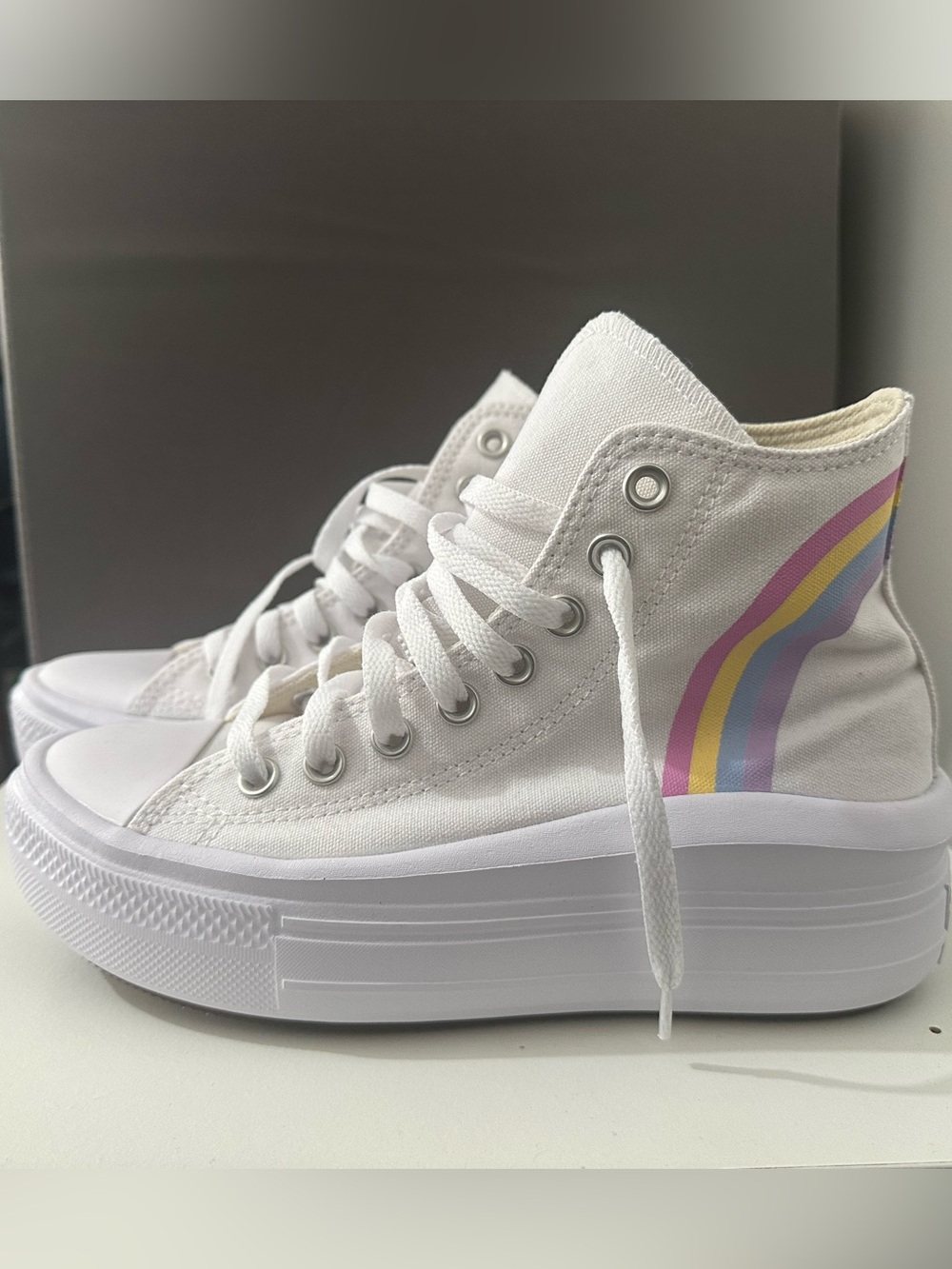 Converse White High-Top Sneakers with Pastel Rainbow Stripes